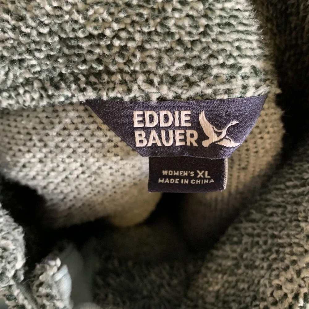 Eddie Bauer Sweater Womens‎ XL Green Mock Neck Fleece Henley Pullover Pockets